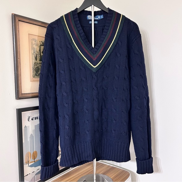 Polo Ralph Lauren Classic Navy V-Neck Sweater with Striped Trim SZ L - Picture 1 of 3